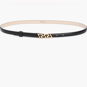 Versace Black Leather Slim Belt with Gold Greek Key Buckle